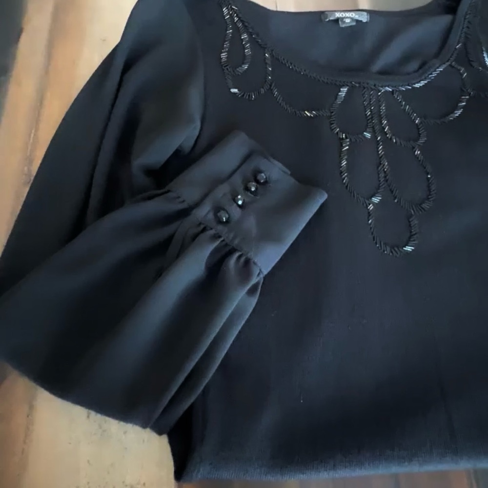 XOXO Black Long Sleeve Dress with Embellished Neckline - Picture 2 of 7